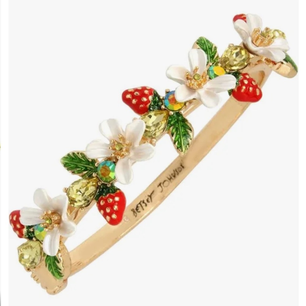 NWT BETSEY JOHNSON Gold-Tone Signed Strawberries & Flowers Hinge Bangle Bracelet